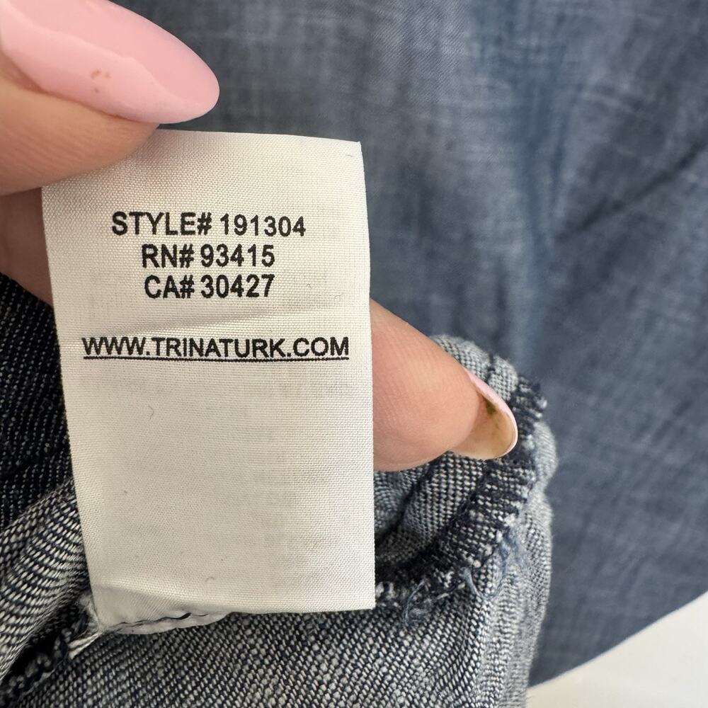 Trina Turk Chambry Lightweight Popover Dress Blue Frayed Hemline Linen Blend M - Picture 11 of 13